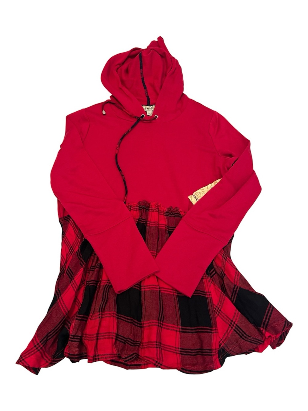 One World NWT SzS red hooded tunic with pleated plaid skirt lightweight yet cozy